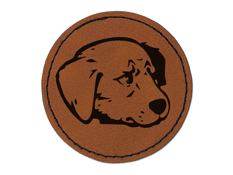 Concerned Golden Retriever Dog Furled Brow Round Iron-On Engraved Faux Leather Patch Applique - 2.5"