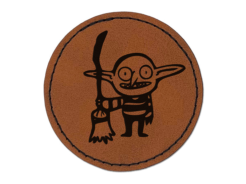 Creepy Goblin With Witch Broomstick Round Iron-On Engraved Faux Leather Patch Applique - 2.5"