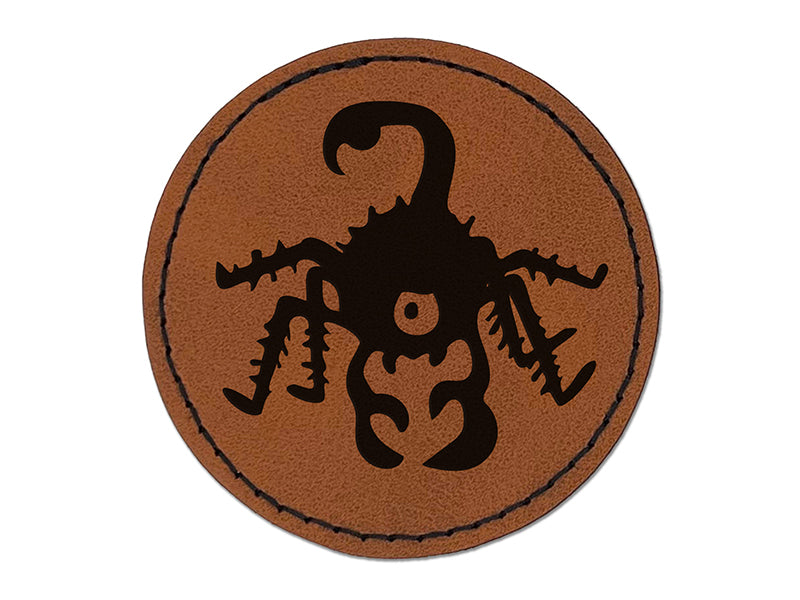 Creepy Scorpion Bug Creature Round Iron-On Engraved Faux Leather Patch Applique - 2.5"