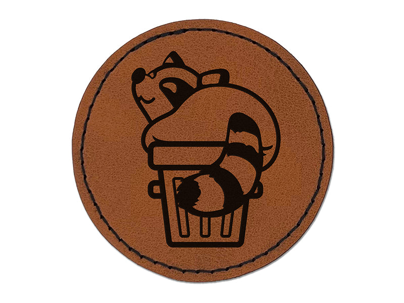 Fat Raccoon Sitting in Trash Can Round Iron-On Engraved Faux Leather Patch Applique - 2.5"