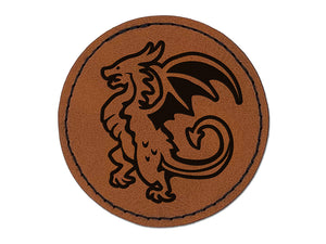 Fierce Wyvern Dragon Fantasy Silhouette Round Iron-On Engraved Faux Leather Patch Applique - 2.5"