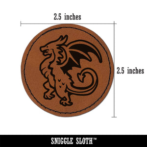 Fierce Wyvern Dragon Fantasy Silhouette Round Iron-On Engraved Faux Leather Patch Applique - 2.5"