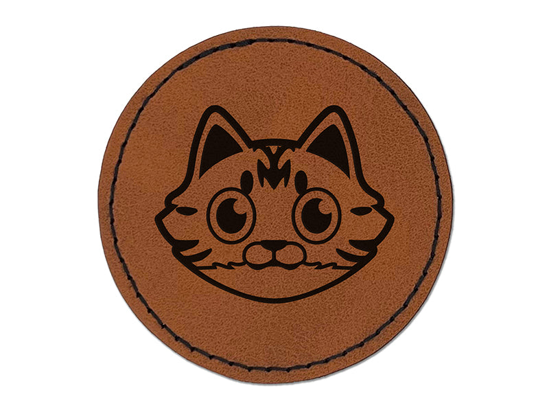 Fluffy Striped Tabby Cat Head Round Iron-On Engraved Faux Leather Patch Applique - 2.5"