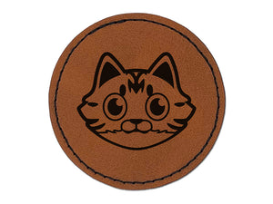 Fluffy Striped Tabby Cat Head Round Iron-On Engraved Faux Leather Patch Applique - 2.5"