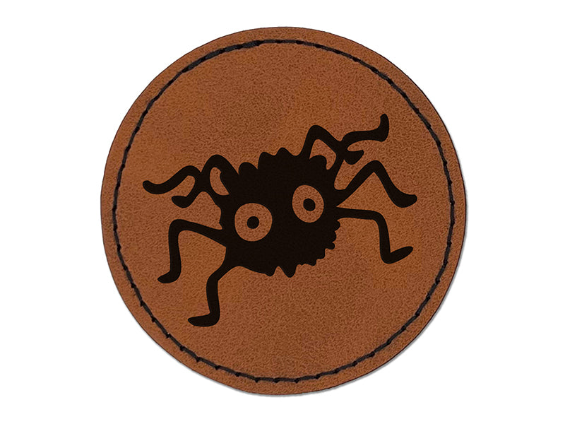 Fuzzy Cartoon Bug Spider Round Iron-On Engraved Faux Leather Patch Applique - 2.5"