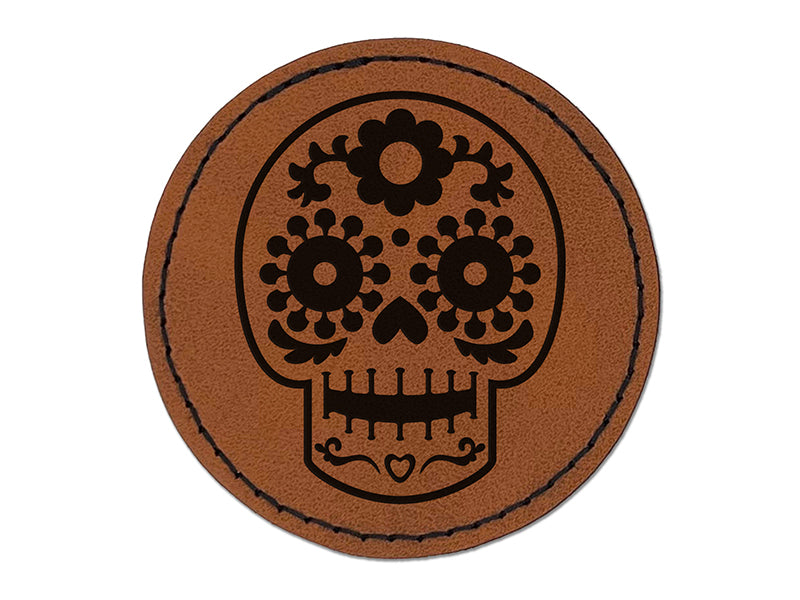 Happy Floral Sugar Skull Dia De Los Muertos Round Iron-On Engraved Faux Leather Patch Applique - 2.5"