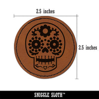 Happy Floral Sugar Skull Dia De Los Muertos Round Iron-On Engraved Faux Leather Patch Applique - 2.5"