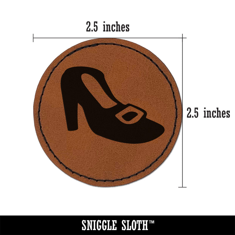 High Heeled Shoe with Buckle Round Iron-On Engraved Faux Leather Patch Applique - 2.5"