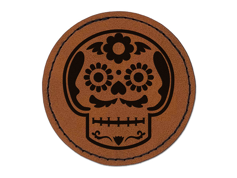 Mustache Floral Sugar Skull Dia De Los Muertos Round Iron-On Engraved Faux Leather Patch Applique - 2.5"