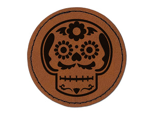 Mustache Floral Sugar Skull Dia De Los Muertos Round Iron-On Engraved Faux Leather Patch Applique - 2.5"