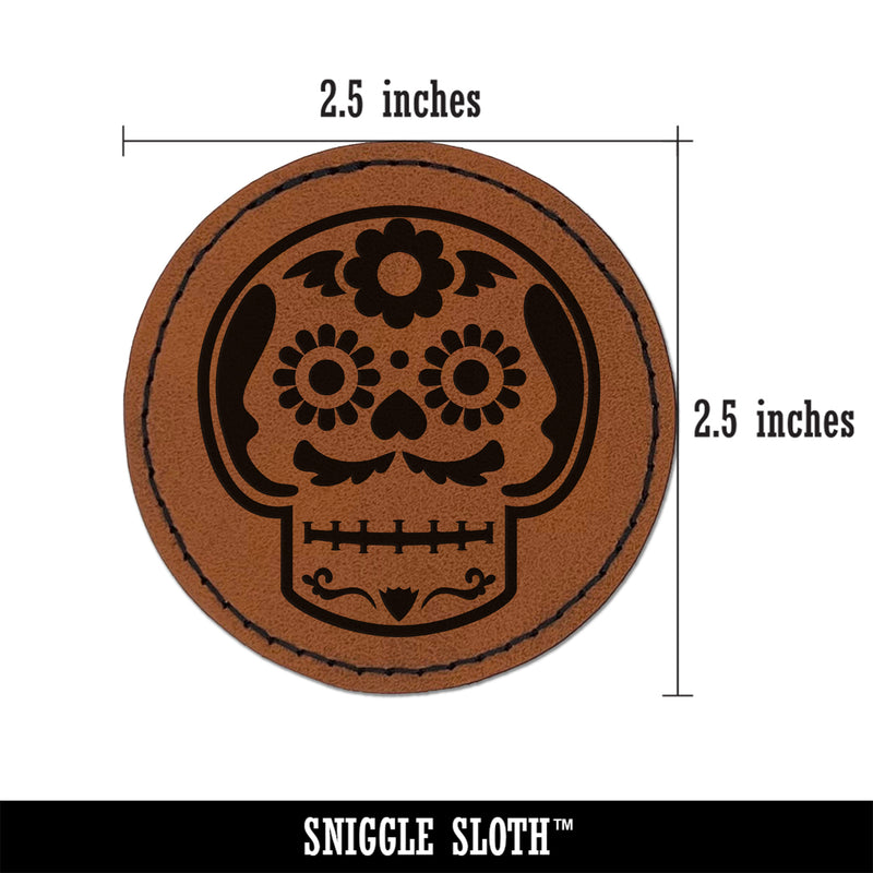 Mustache Floral Sugar Skull Dia De Los Muertos Round Iron-On Engraved Faux Leather Patch Applique - 2.5"