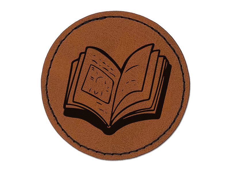 Open Book Round Iron-On Engraved Faux Leather Patch Applique - 2.5"
