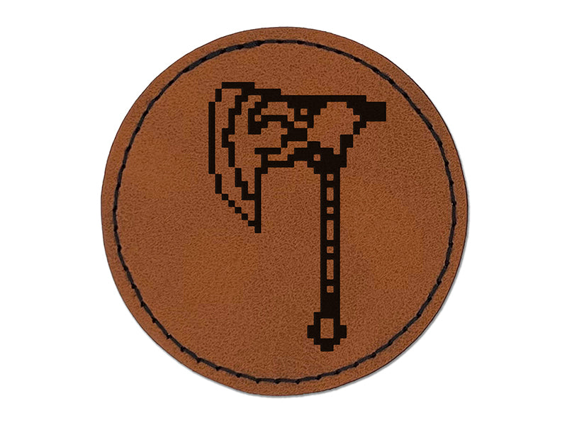 Pixel Axe Battle Axe RPG Dwarf Weapon Round Iron-On Engraved Faux Leather Patch Applique - 2.5"