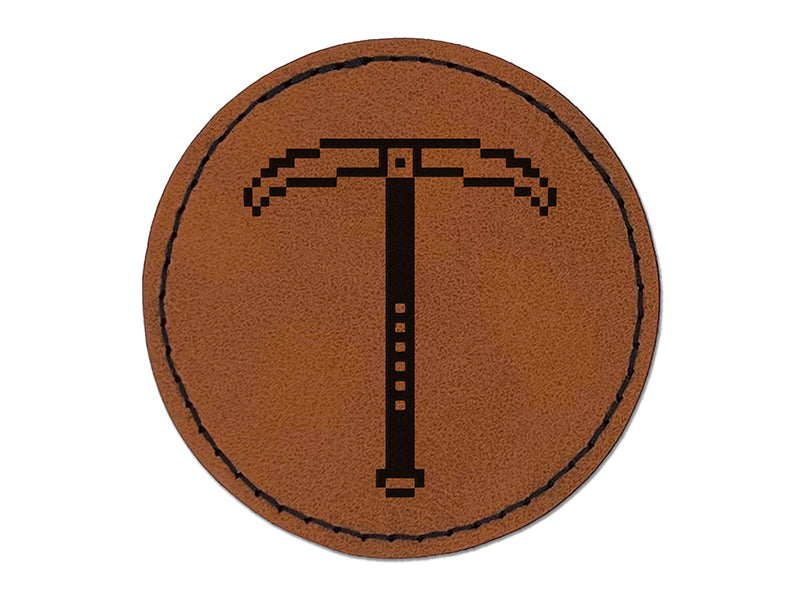 Pixel Miner Pickaxe RPG Video Games Round Iron-On Engraved Faux Leather Patch Applique - 2.5"