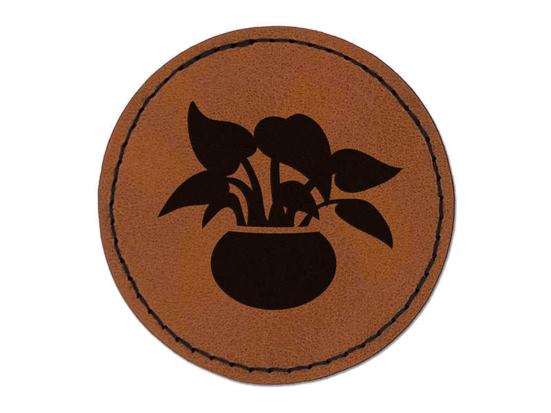 Potted Plant Pothos Devils Ivy Round Iron-On Engraved Faux Leather Patch Applique - 2.5"