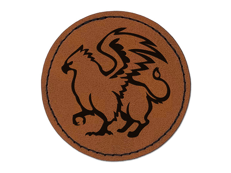 Proud Griffin Fantasy Silhouette Round Iron-On Engraved Faux Leather Patch Applique - 2.5"