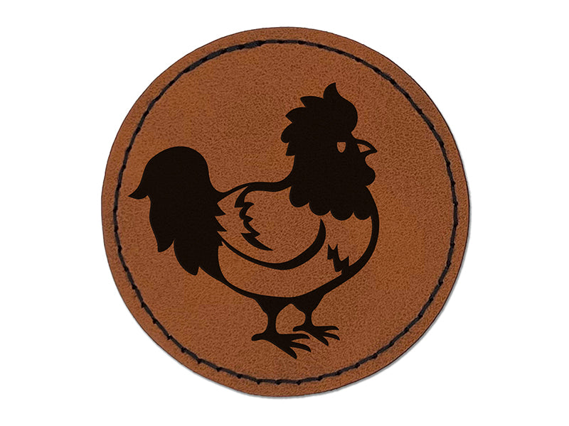 Proud Little Rooster Chicken Round Iron-On Engraved Faux Leather Patch Applique - 2.5"