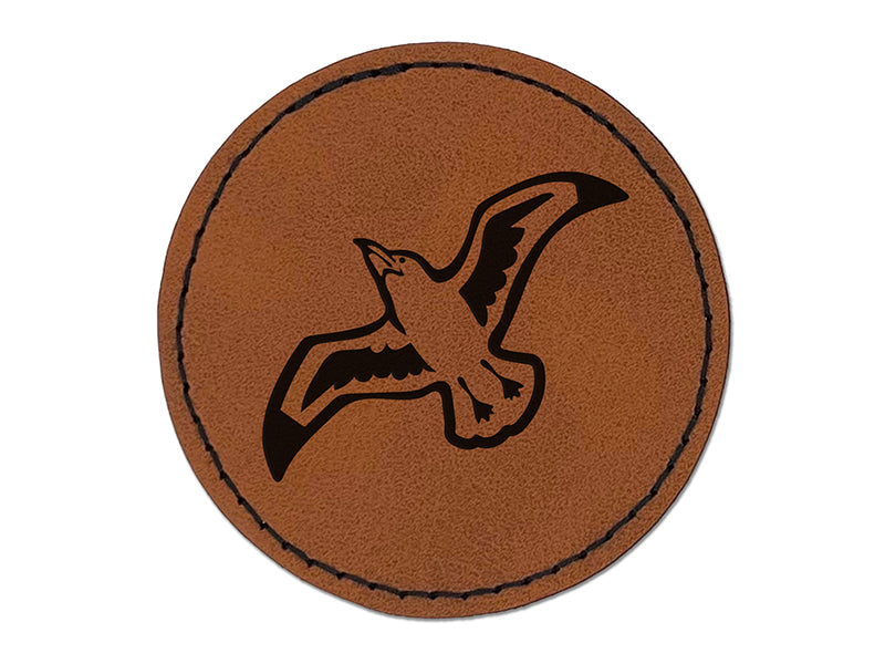 Seagull In Flight Marine Bird Round Iron-On Engraved Faux Leather Patch Applique - 2.5"