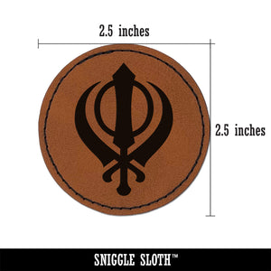 Sikh Khanda Indian Punjab Religious Symbol Round Iron-On Engraved Faux Leather Patch Applique - 2.5"