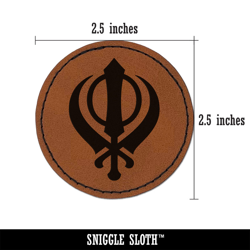 Sikh Khanda Indian Punjab Religious Symbol Round Iron-On Engraved Faux Leather Patch Applique - 2.5"