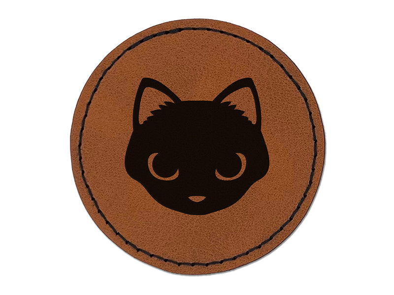 Simple Cat Head Icon Round Iron-On Engraved Faux Leather Patch Applique - 2.5"