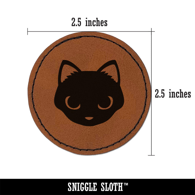 Simple Cat Head Icon Round Iron-On Engraved Faux Leather Patch Applique - 2.5"