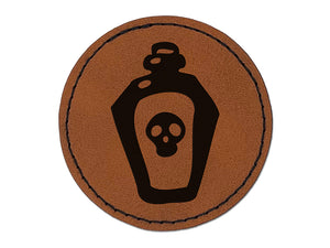 Skull Potion Poison Bottle Round Iron-On Engraved Faux Leather Patch Applique - 2.5"