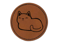 Sleepy Cat Loaf Round Iron-On Engraved Faux Leather Patch Applique - 2.5"