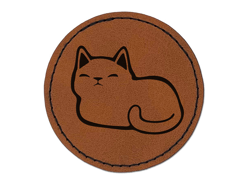 Sleepy Cat Loaf Round Iron-On Engraved Faux Leather Patch Applique - 2.5"