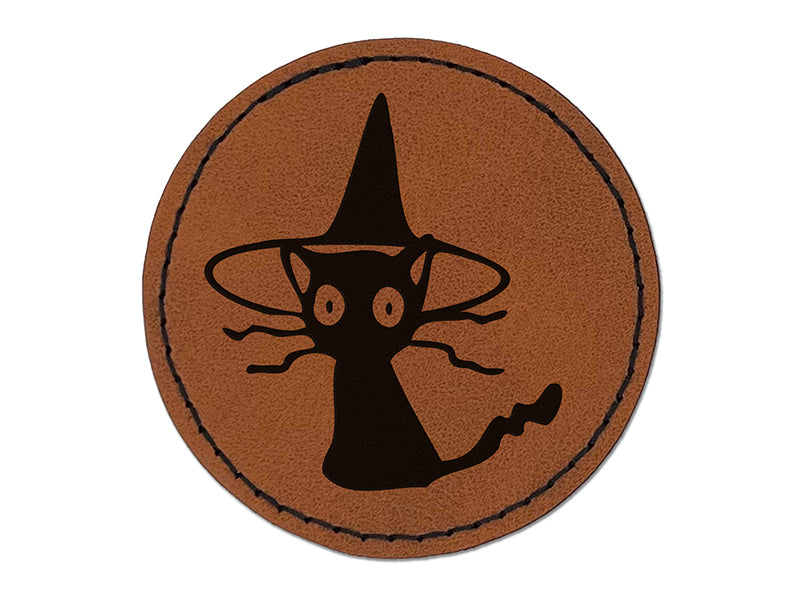 Spooked Cat in Witch Hat Halloween Round Iron-On Engraved Faux Leather Patch Applique - 2.5"