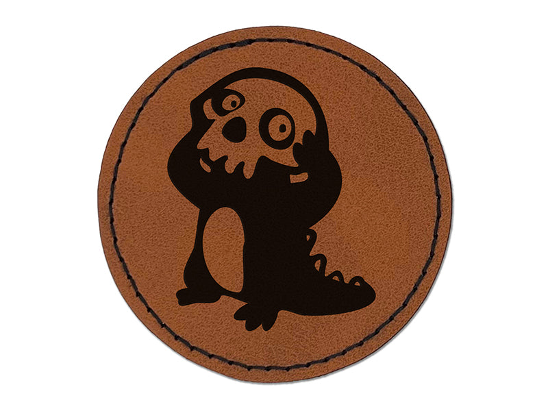Spooky Creature Wearing Skull Round Iron-On Engraved Faux Leather Patch Applique - 2.5"