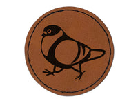 Strutting Common Rock Pigeon Bird Round Iron-On Engraved Faux Leather Patch Applique - 2.5"