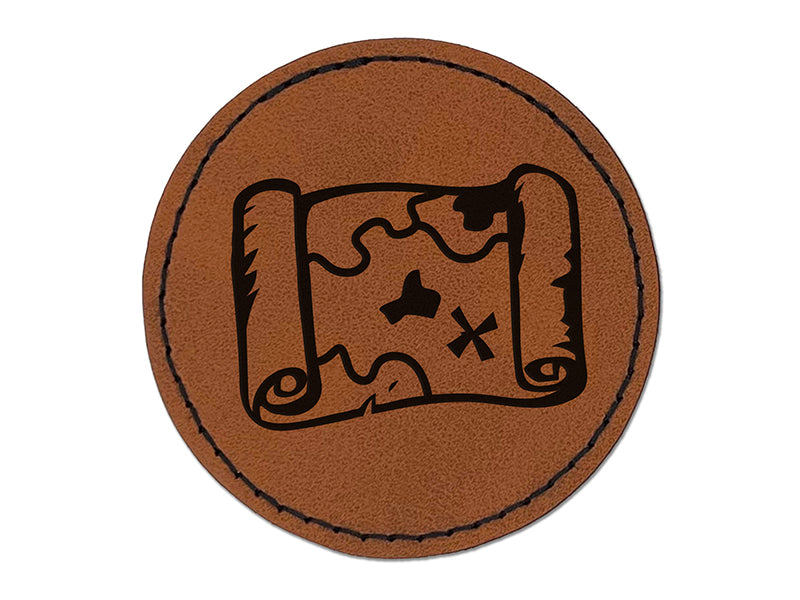 Treasure Map Scroll Pirate X Marks the Spot Round Iron-On Engraved Faux Leather Patch Applique - 2.5"