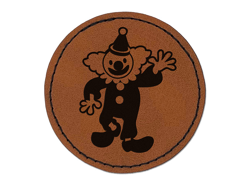 Waving Clown Circus Carnival Round Iron-On Engraved Faux Leather Patch Applique - 2.5"