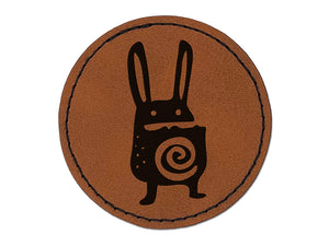 Weird Creepy Rabbit Creature Round Iron-On Engraved Faux Leather Patch Applique - 2.5"