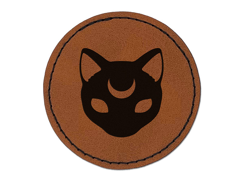 Witch Cat Head with Moon on Forehead Round Iron-On Engraved Faux Leather Patch Applique - 2.5"