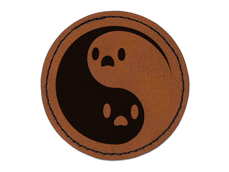 Yin Yang Ghosts Spooky and Cute Round Iron-On Engraved Faux Leather Patch Applique - 2.5"