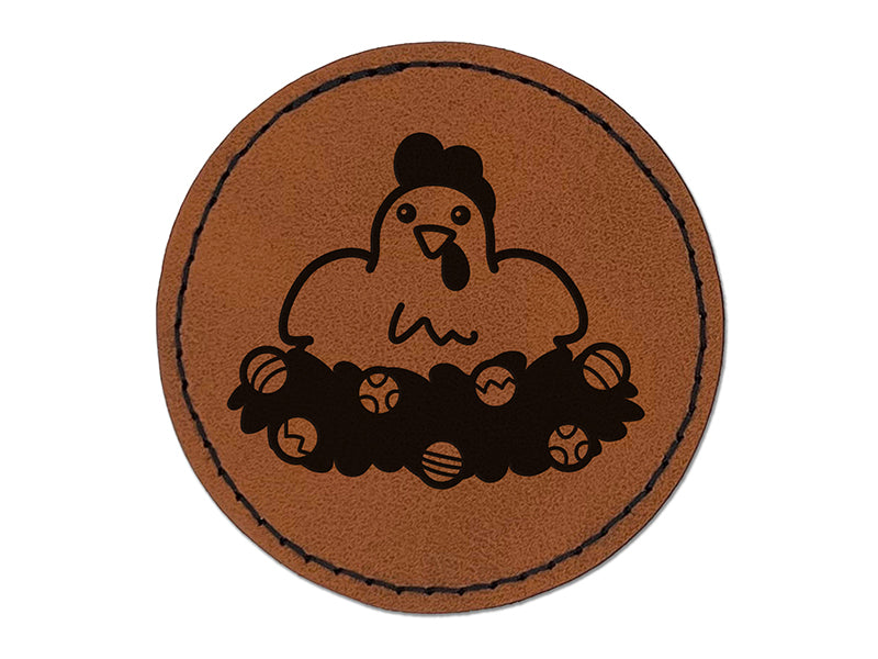 Christmas Chicken Laying in Wreath Round Iron-On Engraved Faux Leather Patch Applique - 2.5"