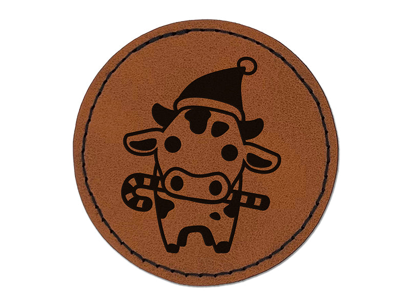 Christmas Cow Holding Candy Cane Round Iron-On Engraved Faux Leather Patch Applique - 2.5"