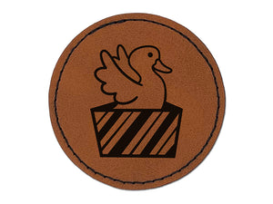 Duck in Gift Box Christmas Round Iron-On Engraved Faux Leather Patch Applique - 2.5"