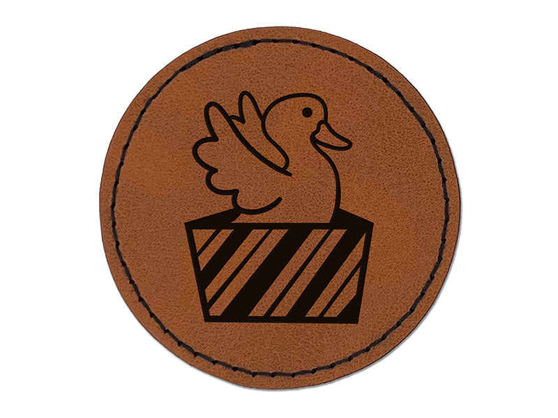 Duck in Gift Box Christmas Round Iron-On Engraved Faux Leather Patch Applique - 2.5"