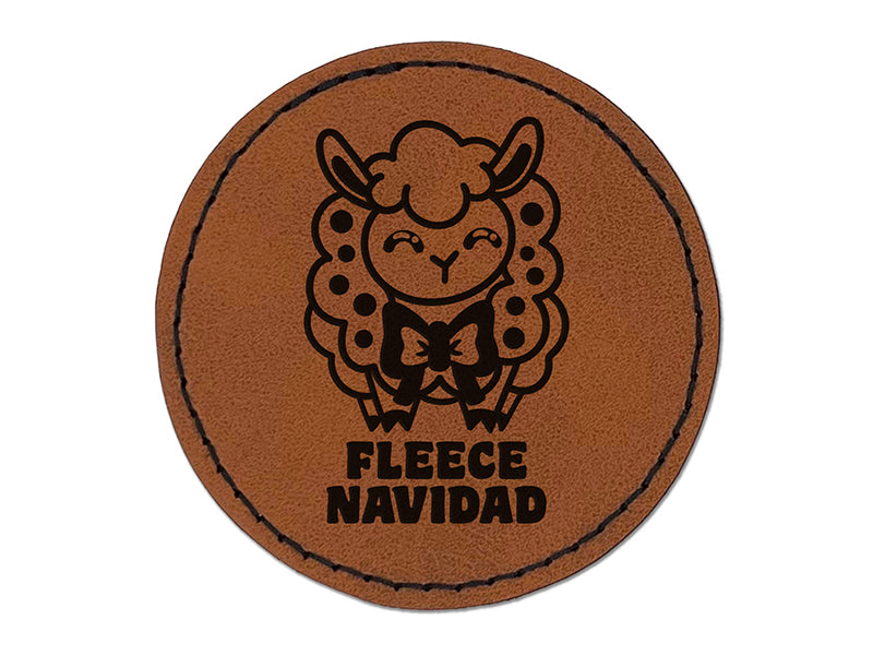 Fleece Navidad Christmas Sheep Round Iron-On Engraved Faux Leather Patch Applique - 2.5"