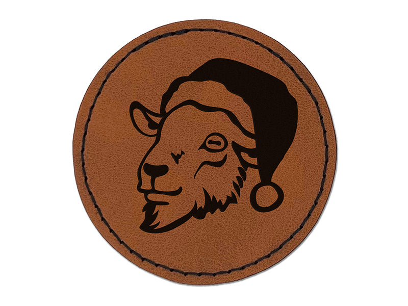 Goat Head with Santa Hat Christmas Round Iron-On Engraved Faux Leather Patch Applique - 2.5"