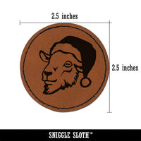 Goat Head with Santa Hat Christmas Round Iron-On Engraved Faux Leather Patch Applique - 2.5"