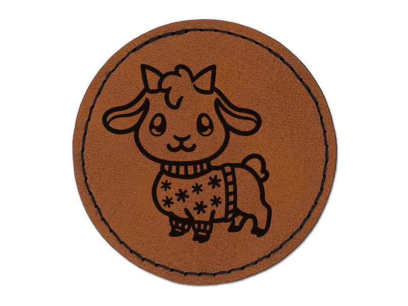 Little Goat in Christmas Sweater Round Iron-On Engraved Faux Leather Patch Applique - 2.5"