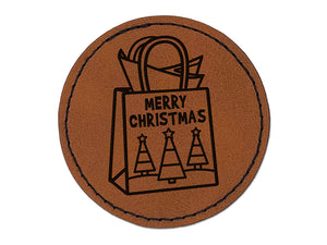 Merry Christmas Gift Bag Round Iron-On Engraved Faux Leather Patch Applique - 2.5"