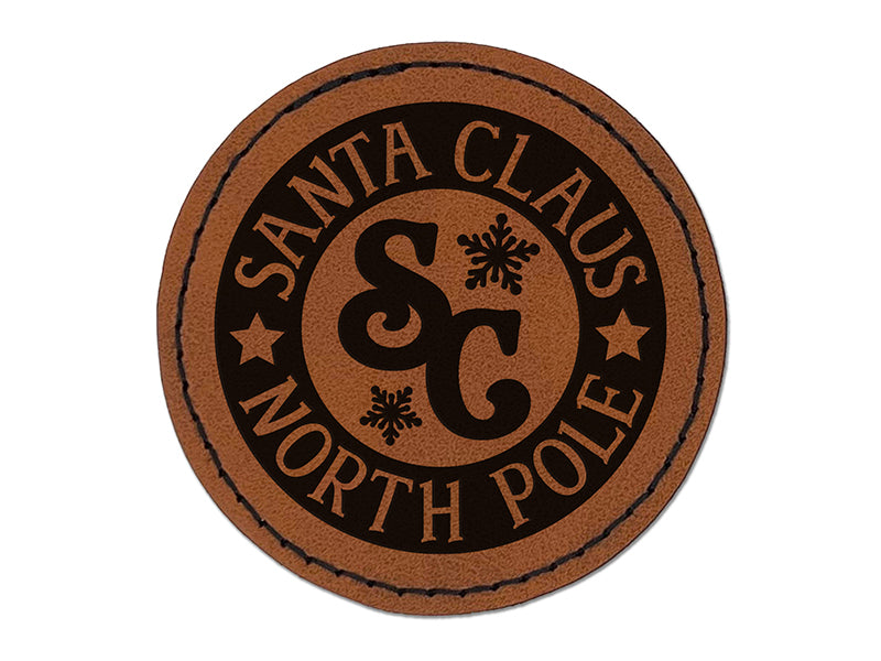 Santa Claus North Pole Christmas Round Iron-On Engraved Faux Leather Patch Applique - 2.5"