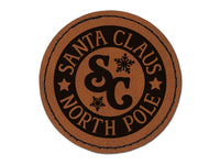 Santa Claus North Pole Christmas Round Iron-On Engraved Faux Leather Patch Applique - 2.5"