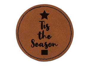 Tis the Season Christmas Tree Round Iron-On Engraved Faux Leather Patch Applique - 2.5"