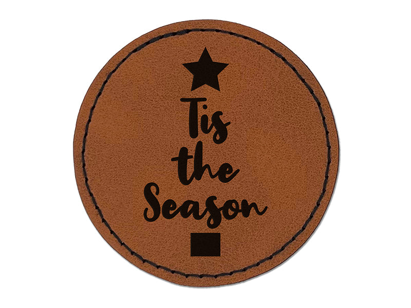 Tis the Season Christmas Tree Round Iron-On Engraved Faux Leather Patch Applique - 2.5"